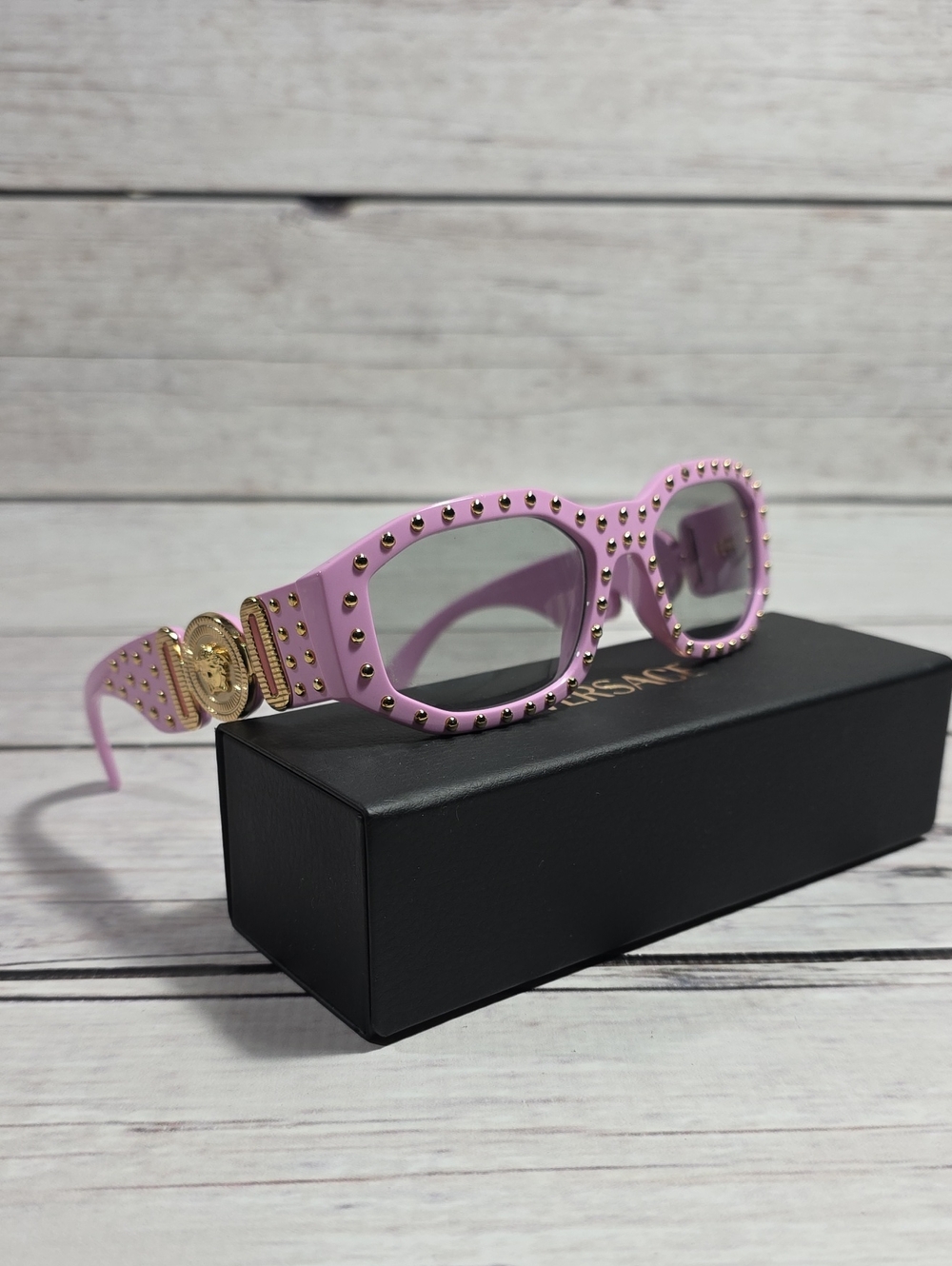 Versace Lilac Studded Oval Sunglasses with Gold Medallions